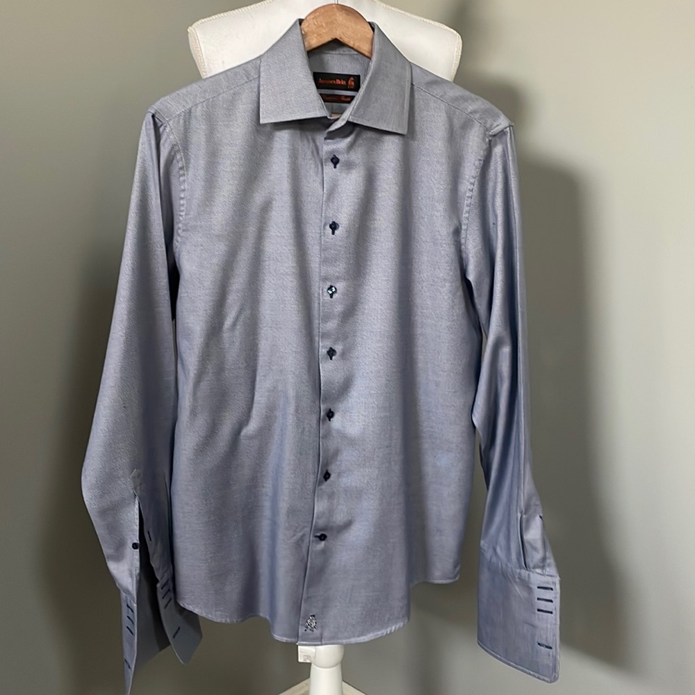JACQUES BRITT PREMIUM FINISH COTTON NON-IRON FRENCH CUFF BLUE MENS SHIRT